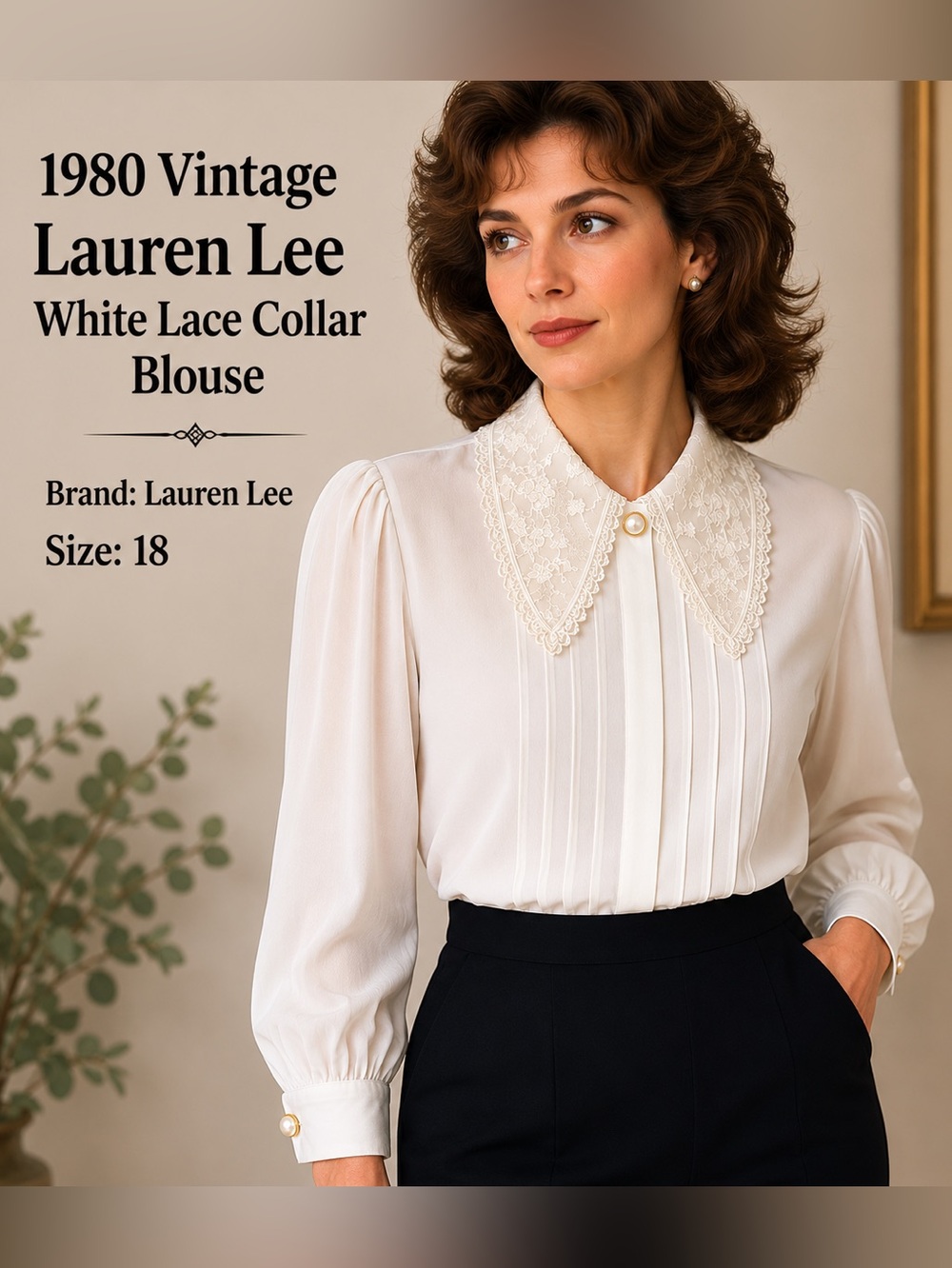 Vintage 80s Lauren Lee White Lace Collar Secretary Blouse Pearl Button Sz 18